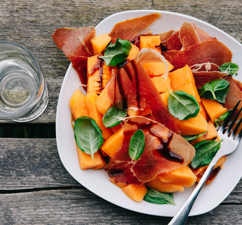 Melon et jambon de pays au vinaigre balsamique mentholé